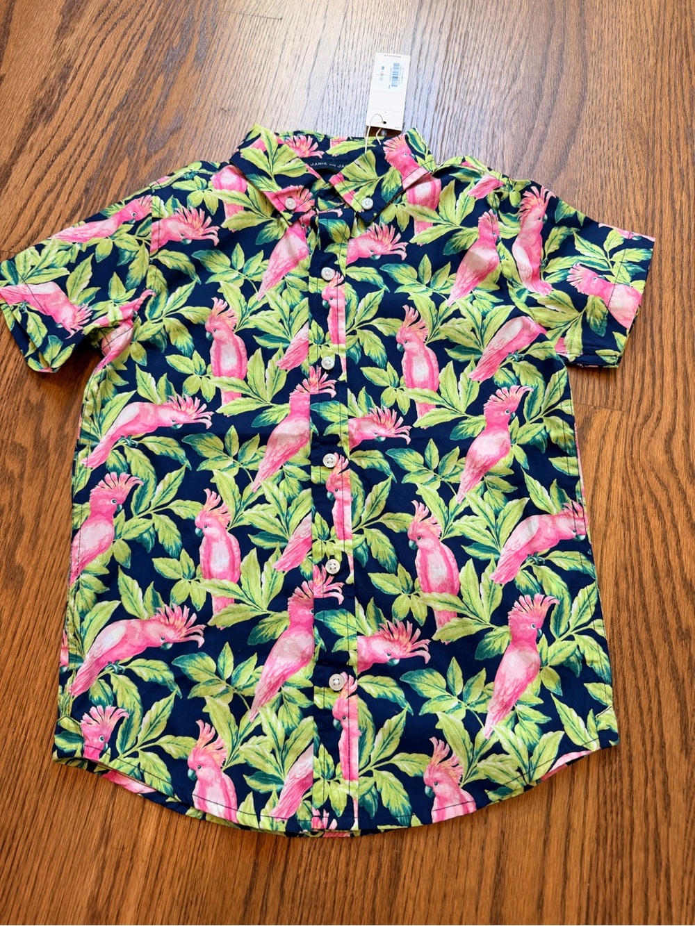 Janie and Jack Navy Floral Button-Up with Pink and Lime Parrot Print NWT Poplin
